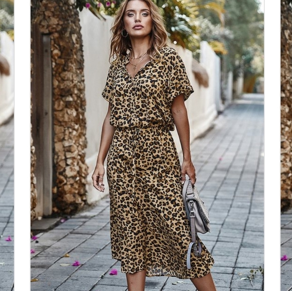 Leopard Print Midi Dress Animal Print Midi Summer Bohemian Resort Mobwife